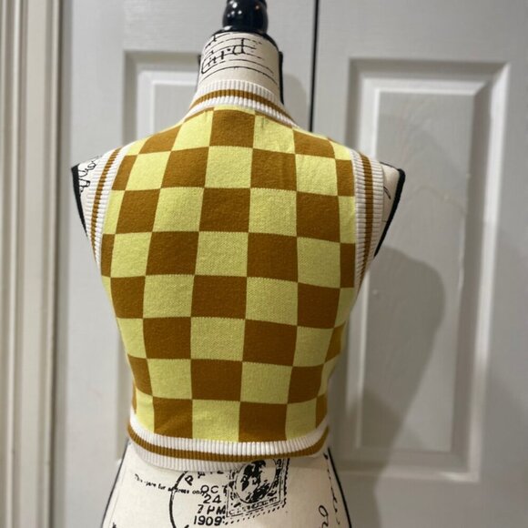 URBAN OUTFITTERS VEST CHECKERED CROPPED KNITTED SZ S YELLOW/BROWN KAWAII PREPPY - Picture 12 of 16